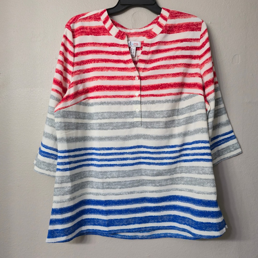 Denim & Co Red Blue Grey Striped Henley Blouse A305389 L